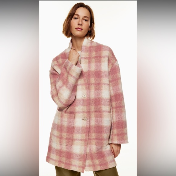 Wilfred Free Aritzia Elm Long wool jacket in pink plaid - Picture 1 of 11